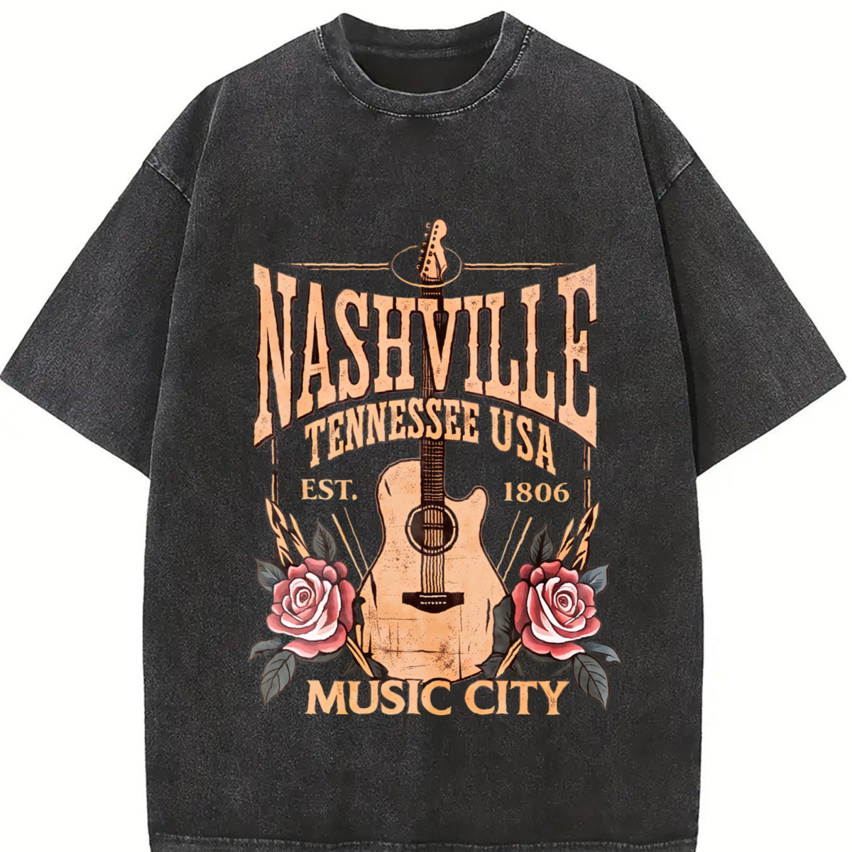 Music City Floral Guitar Vintage Washed T-Shirt in Black