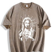 Catholic Icon Guadalupe and Sacred Heart Vintage Washed T-Shirt in Brown