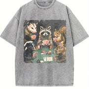 Animals Playing Poker Raccoon Opossum vintage washed oversized T-shirt in Gray