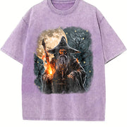 Fantasy Wizard Retro Wizard Moon Spell Vintage Washed T-Shirt in Purple