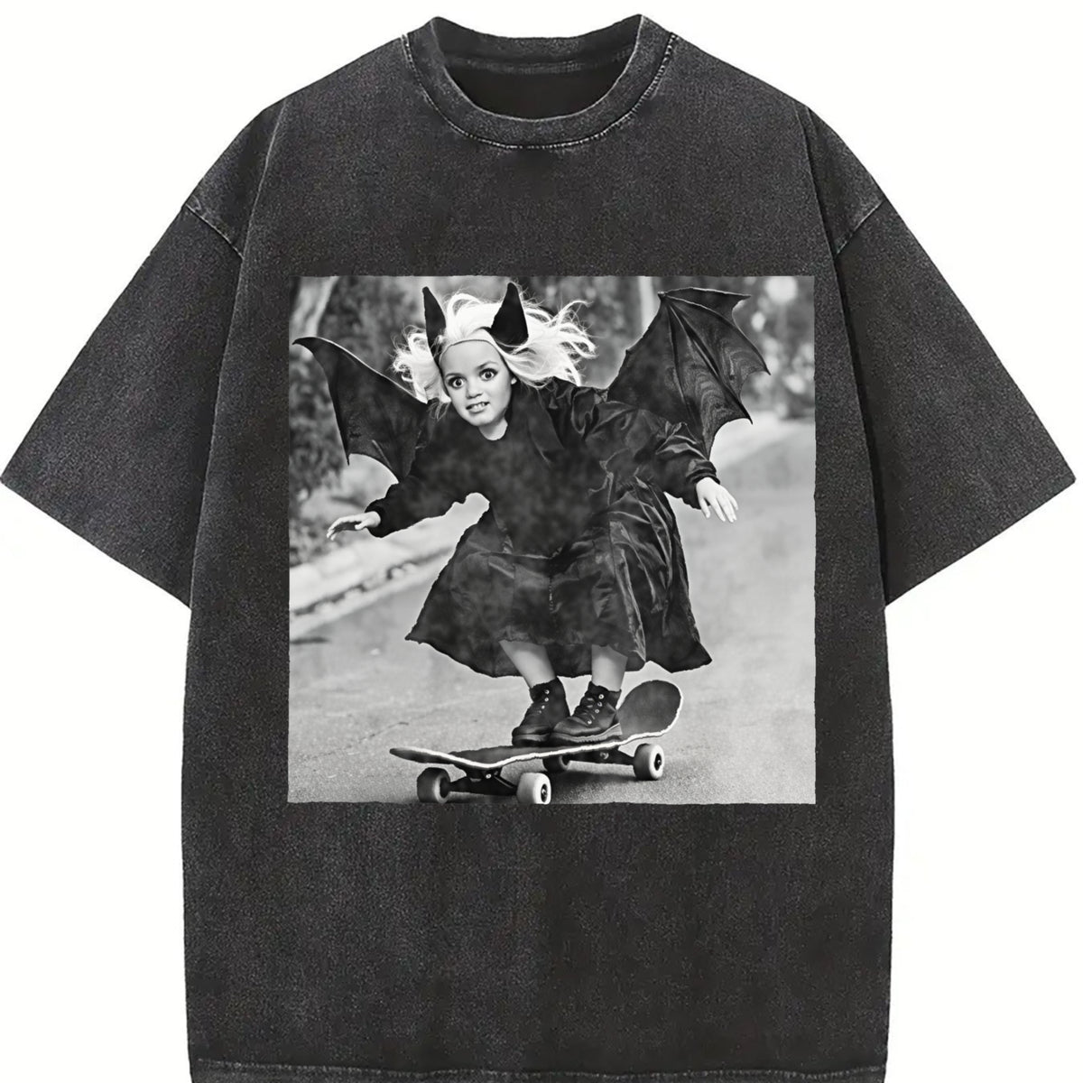 Bat Girl Skateboarding Vintage Washed T-Shirt in Black