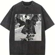 Bat Girl Skateboarding Vintage Washed T-Shirt in Black