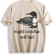 Stupid Canadian Wolf Bird Vintage Washed T-Shirt in Beige