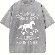 Dogs and Horses Make Me Happy Humans Make My Head Hurt Vintage Washed T-Shirt in Gray