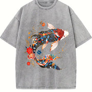 Koi Fish Theme Loose Versatile Trend Pure Vintage Washed T-Shirt in Gray