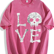 Love Skull Skeleton Bones Halloween Party Cute Ladies Vintage Washed T-Shirt in Red