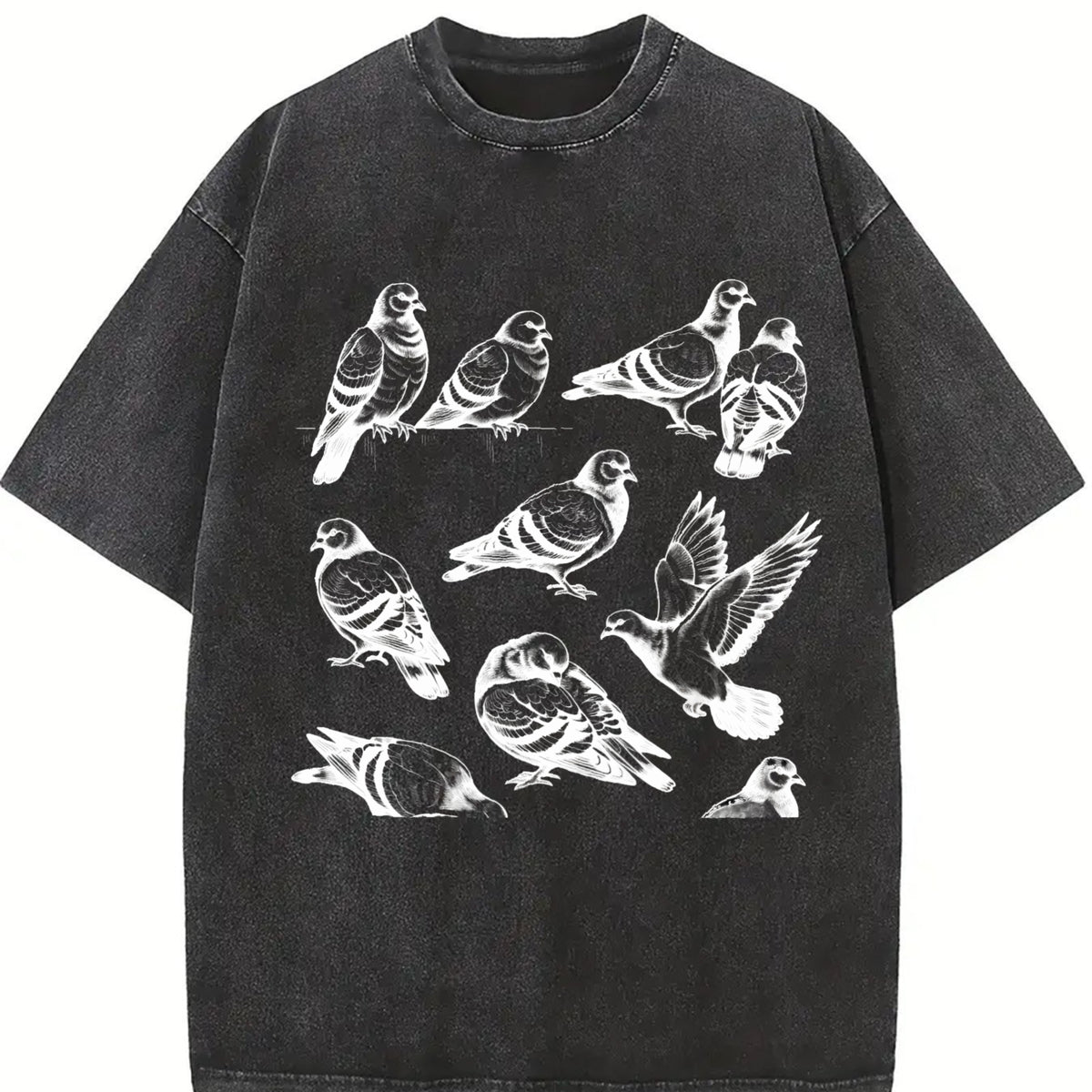 Pigeon 90s Tattoo Retro ® Y2k Ornithology Bird Vintage Washed T-Shirt in Black