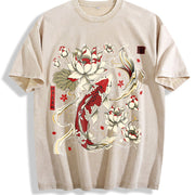 Koi Fish and Lotus Vintage Washed T-Shirt in Beige