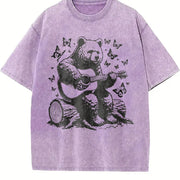 Bear Playing Guitar Retro Vintage Washed T-Shirt in Purple