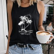 Tropical Palm Island Women's Color Cotton Tank Top in Black