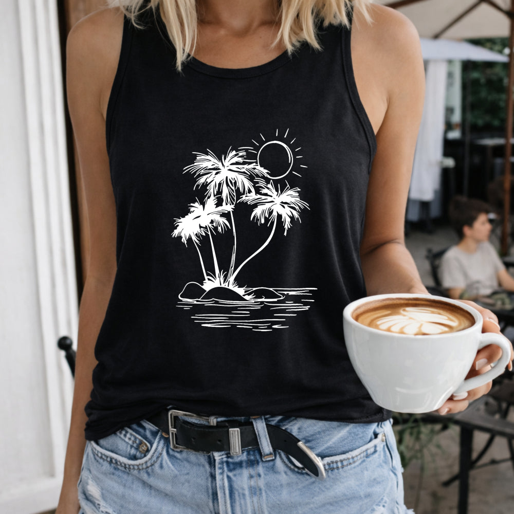 Palm Trees Sun Island Water Crew-neck Sleeveless Vest Women's Color Cotton Tank Top in Black