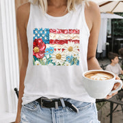 Floral 4th of July Women's Color Cotton Tank Top in White