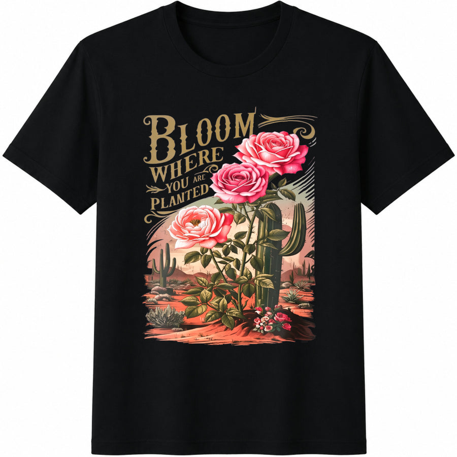 Bloom Where You Are Planted Cotton T-Shirt in Black