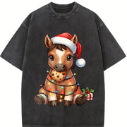 New Year Winter Year of the Horse Cartoon Pony Vintage Washed T-Shirt in Black