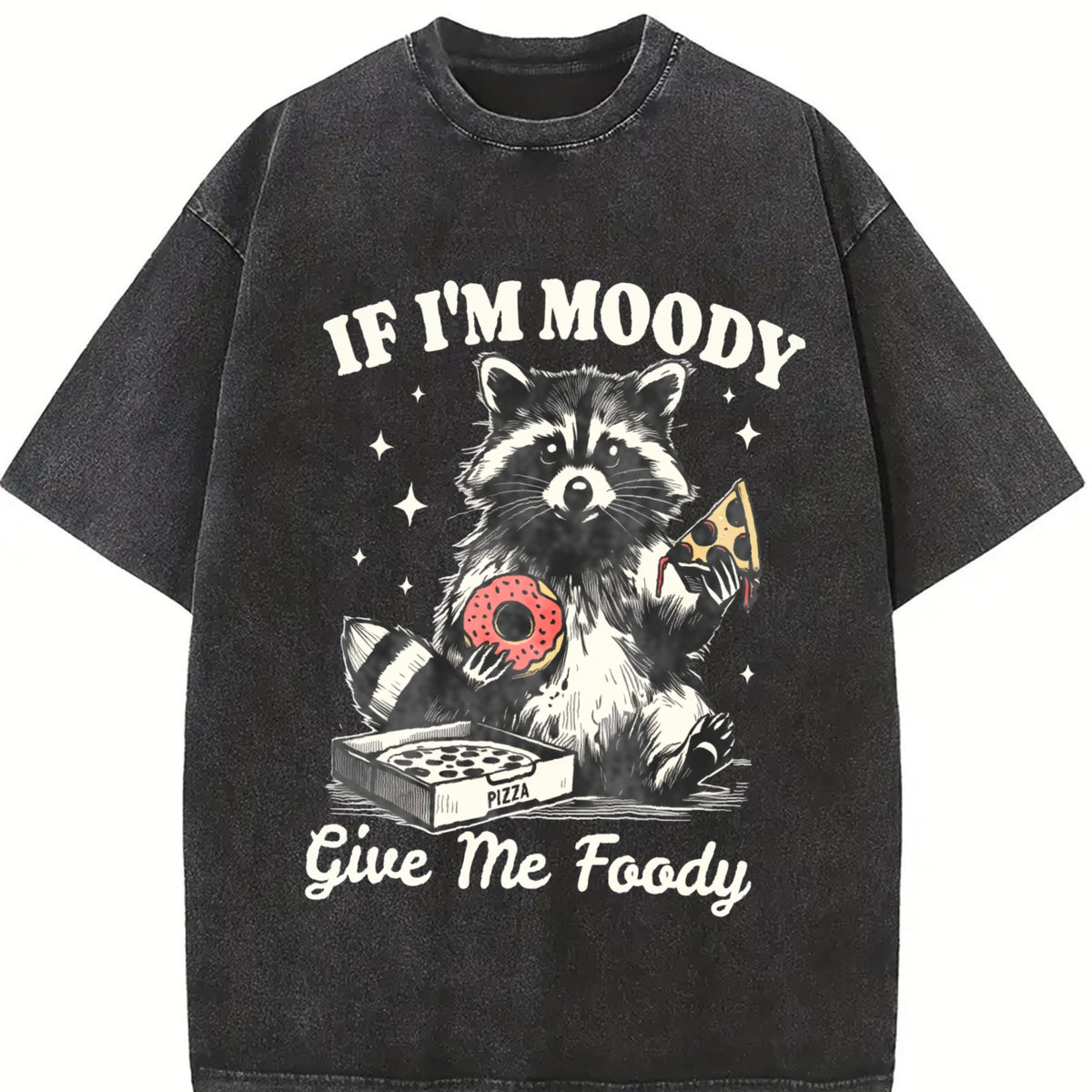 Retro Raccoon If I'm Moody Give Me Foody Vintage Washed T-Shirt in Black