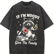 Retro Raccoon If I'm Moody Give Me Foody Vintage Washed T-Shirt in Black