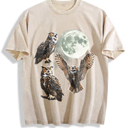 Owl Howling at Moon 90s Vintage Washed T-Shirt in Beige