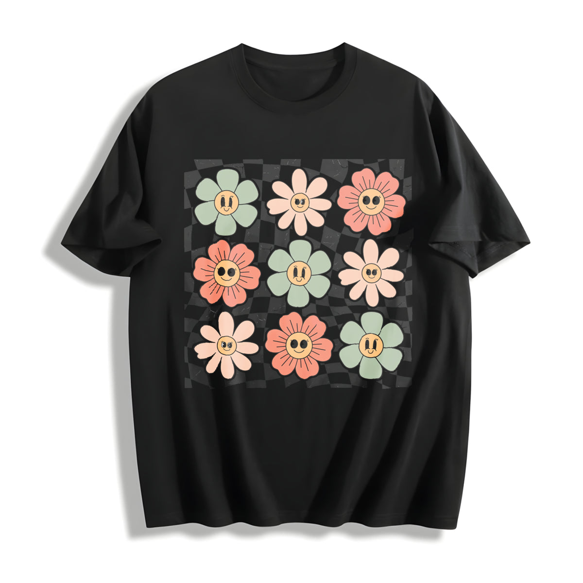 Retro Checkered Flower Cotton T-Shirt in Black