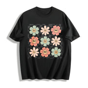 Retro Checkered Flower Cotton T-Shirt in Black