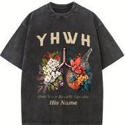 Short-Sleeve - YHWH Floral Butterfly & Every Breath vintage washed oversized T-shirt in Black