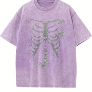 Egg Tart Direction Commuting Halloween Skull Vintage Washed T-Shirt in Purple