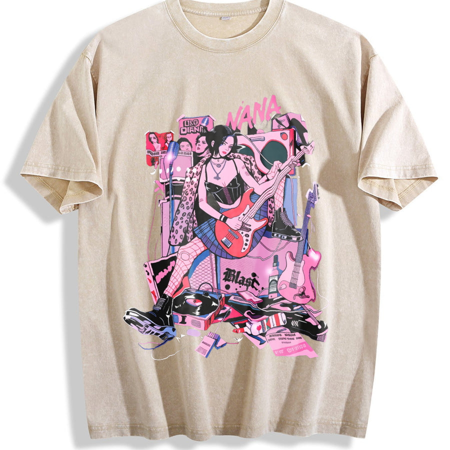 Japanese Anime Nana Osaki Harajuku vintage washed oversized T-shirt in Beige