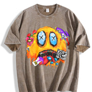 American Street Graffiti Melted Hip-hop Quirky Expression Vintage Washed T-Shirt in Brown