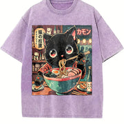 Urban Explorer and Grunge Vibe: Neko Ramen Cat Eating Vintage Washed T-Shirt in Purple