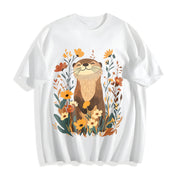 Botanical Otter & Plants Cotton T-Shirt in White
