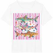 Shark Tropical Ocean Bright Marine Life Coastal Beach Cotton T-Shirt in White