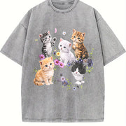 Cute Kitten Floral vintage washed oversized T-shirt in Gray