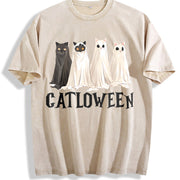 Catloween Cat Costume Vintage Washed T-Shirt in Beige