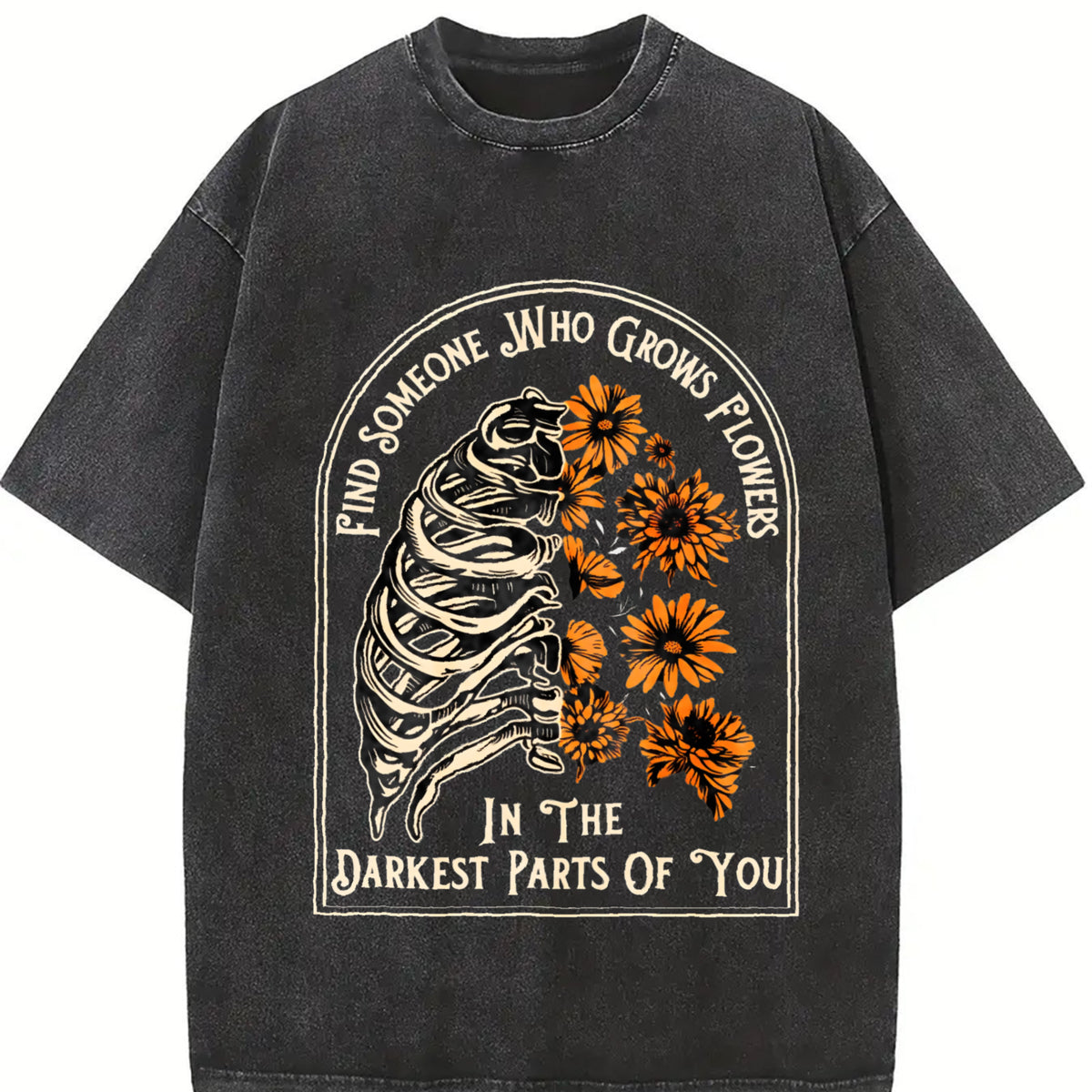 Find Someone Who Grows Flowers Rib Sunflowers Printing Vintage Washed T-Shirt in Black