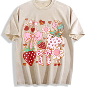 Boho Strawberry Coquette Vintage Washed T-Shirt in Beige