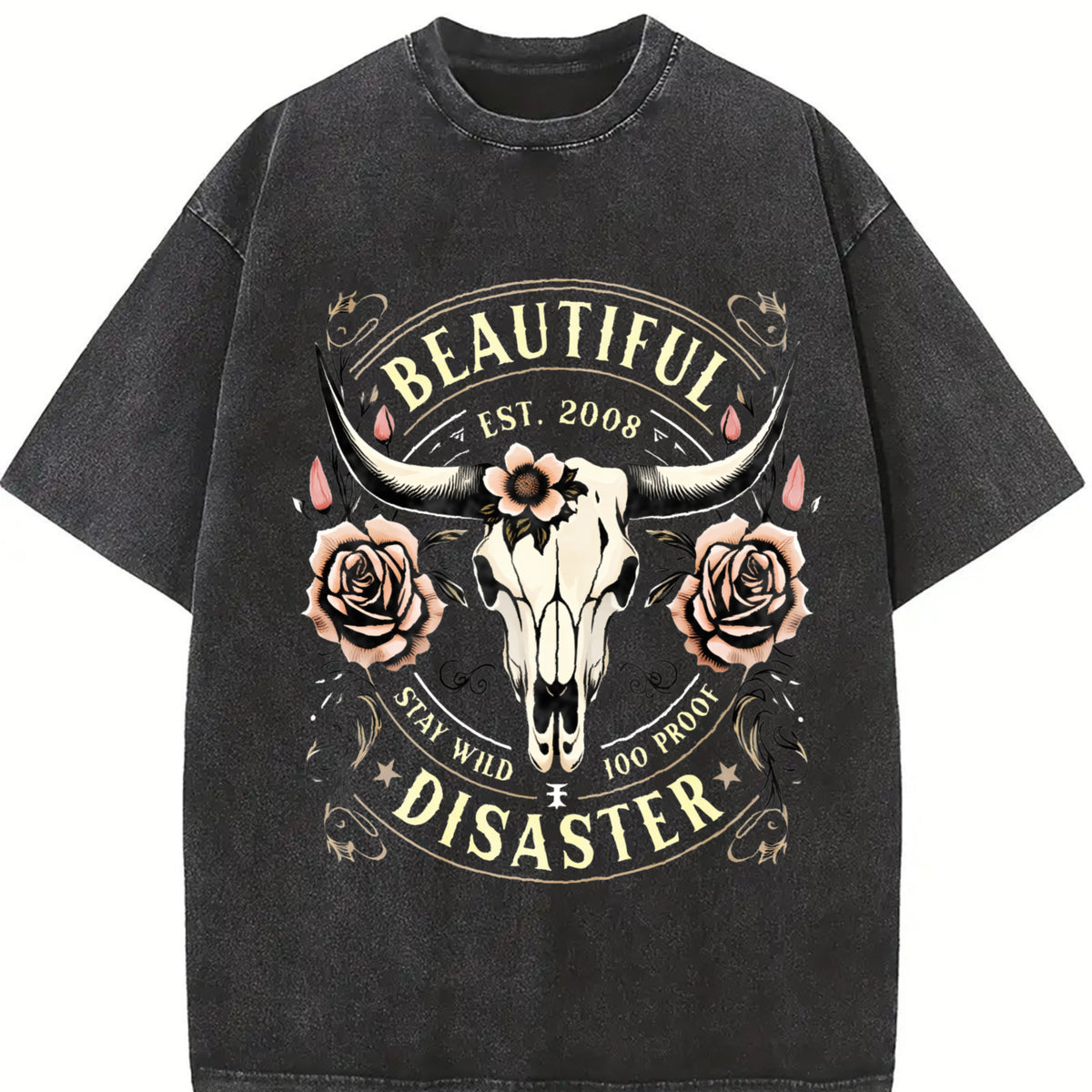 Western Cowboy - Black with Bull Skull & Floral vintage washed oversized T-shirt in Black