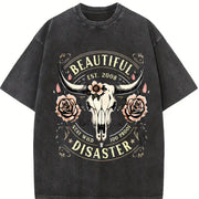 Western Cowboy - Black with Bull Skull & Floral vintage washed oversized T-shirt in Black