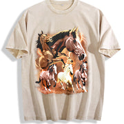 Wild Horses Retro Western Cowboy Vintage Washed T-Shirt in Beige