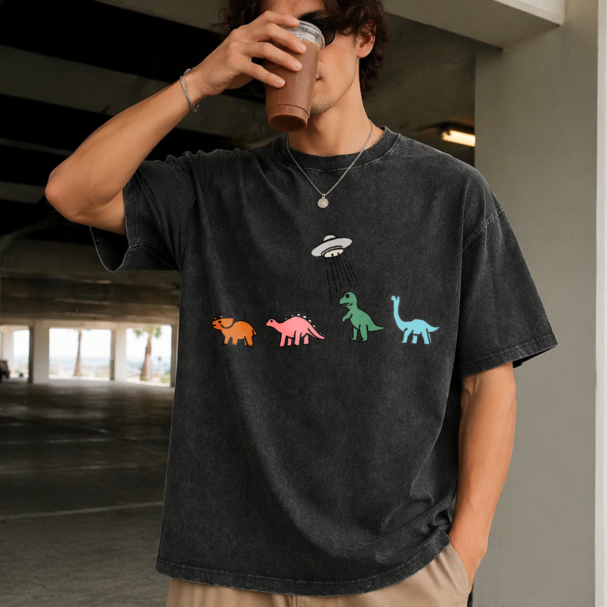 UFO Dinosaur Retro Vintage Washed T-Shirt in Black