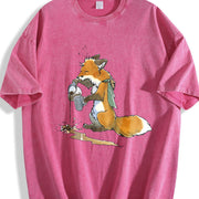 Ladies' Autumn Fuzzy Fox Mistakenly Spills Water Cartoon Vintage Washed T-Shirt in Red