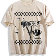 Black and White Checkerboard Band Vintage Washed T-Shirt in Beige