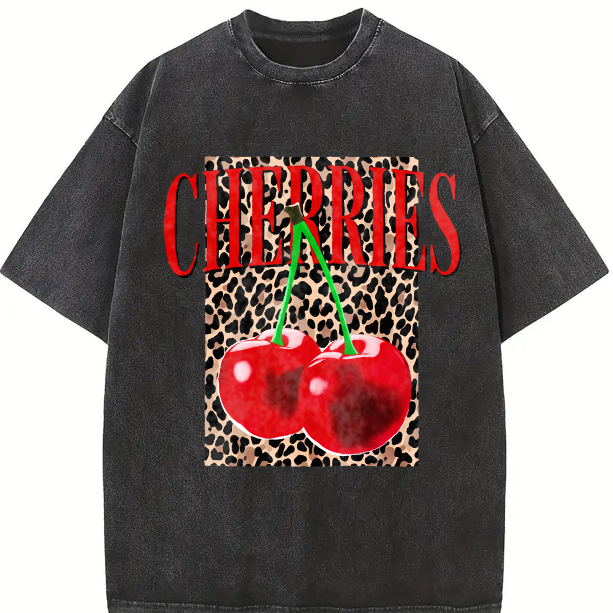 Fun Hip-Hop Leopard Cherry Letters Personalized Street vintage washed oversized T-shirt in Black