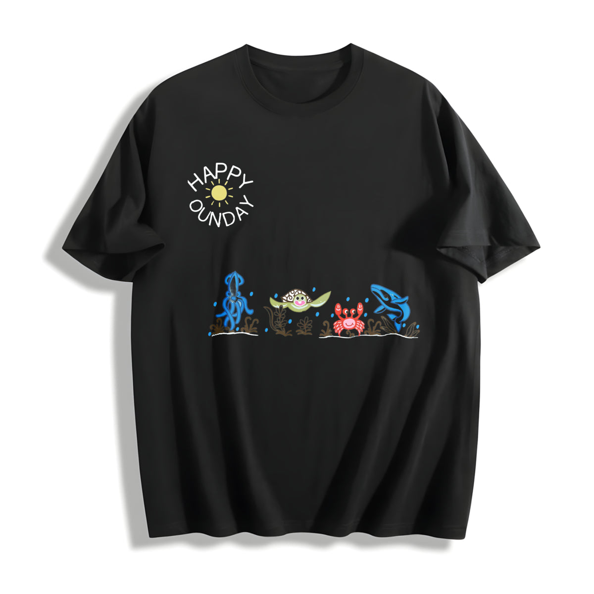 Sea Animals Embroidered Cotton T-Shirt in Black