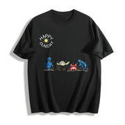 Sea Animals Embroidered Cotton T-Shirt in Black