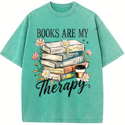 Retro Floral Book Lover Vintage Washed T-Shirt in Blue