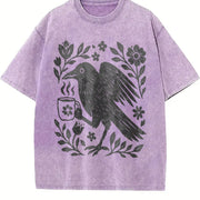 Boho Crow Bird Coffee Lover Vintage Washed T-Shirt in Purple