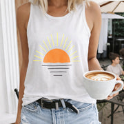 Sunset Horizon Lines and Rays Women's Color Cotton Tank Top in White