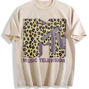 MTV Classic Leopard Bold Logo Vintage Washed T-Shirt in Beige