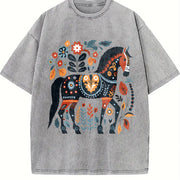 Bohemian Floral Horse One-piece Vintage Washed T-Shirt in Gray