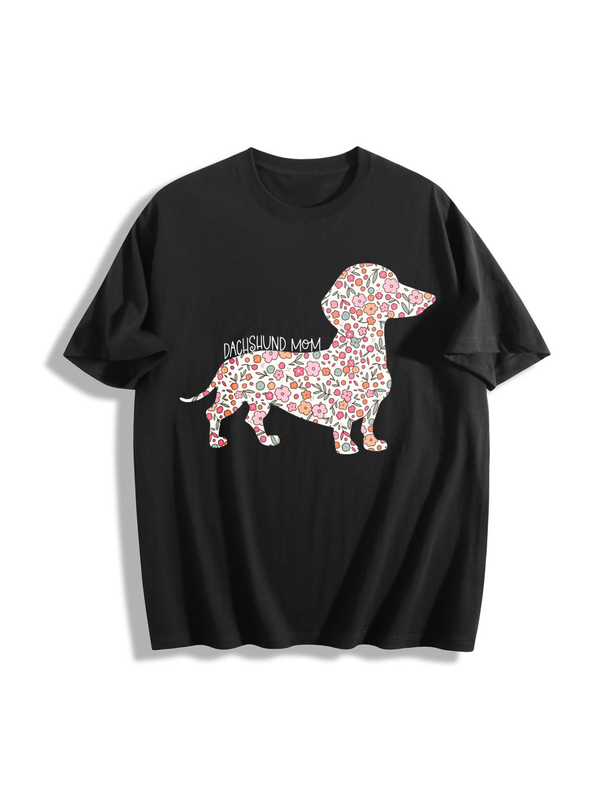 Floral Dachshund Wiener Dog Cotton T-Shirt in Black