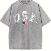 USA Retro Flag America Patriotic 4th of July vintage washed oversized T-shirt in Gray
